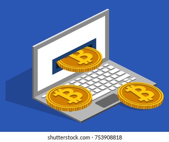 Isometric 3D vector illustration concept of crypto currency bitcoin and laptop