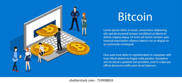 Isometric 3D vector illustration concept of crypto currency bitcoin with people and laptop