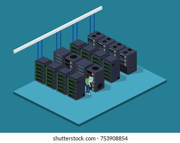 Isometric 3D vector illustration concept server room data center