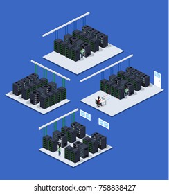 Isometric 3D vector illustration concept server room data center set collection
