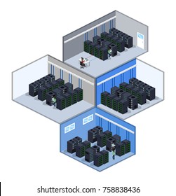 Isometric 3D vector illustration concept server room data center set collection