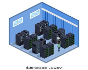 Isometric 3D vector illustration concept server room data center