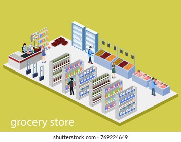 Isometric 3D Vector Illustration Concept Of A Grocery Store With Buyers And Cashier