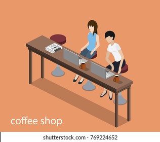 Isometric 3D vector illustration concept meeting at the coffee shop