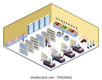 Isometric 3D vector illustration concept of a grocery store with buyers and cashier