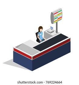 Isometric 3D vector illustration concept of a grocery store with buyers and cashier