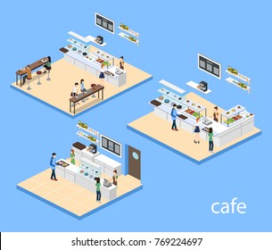 Isometric 3D vector illustration concept of confectionery or canteen with visitors
