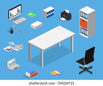 Isometric 3D vector illustration concept set of objects for creation of a business center or office