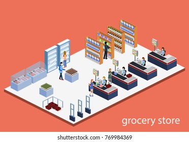 Isometric 3D vector illustration concept of a grocery store with buyers and cashier
