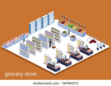 Isometric 3D Vector Illustration Concept Of A Grocery Store With Buyers And Cashier