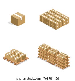 Isometric 3D vector illustration concept warehouse shelves with boxes