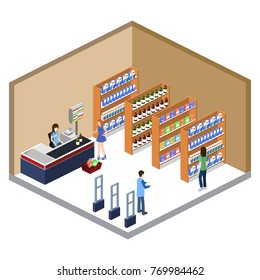 Isometric 3D vector illustration concept of a grocery store with buyers and cashier