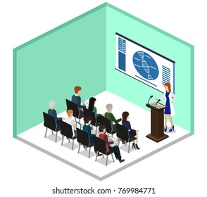 Isometric 3D vector illustration concept report at a medical conference with students