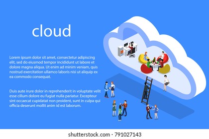 Isometric 3D Vector Illustration Concept Of A Cloud Office With People