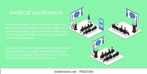 Isometric 3D vector illustration concept report at a medical conference with students