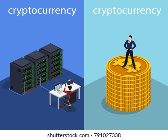 Isometric 3D vector illustration concept of crypto currency bitcoin with people