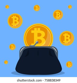 Isometric 3D vector illustration crypto-currency and purse with bitcoin