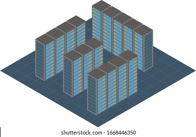 Isometric 3d vector illustration of data center or computer administration room with servers. 