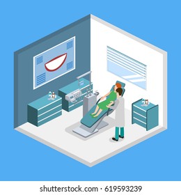 Isometric 3D vector illustration of the dentist in the dental office treats the patient. Dentist chair. Dental tools for dental treatment of patients. Medical equipment.