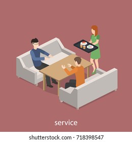 Isometric 3D vector illustration design interior coffee shop, coffee shop with waitresses and visitors
