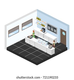 Isometric 3D vector illustration design interior coffee shop, coffee shop with waitresses and cakes