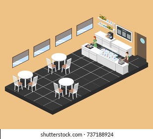 Isometric 3D vector illustration design interior coffee shop, coffee shop with waitresses and visitors