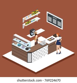 Isometric 3D vector illustration design interior coffee shop, coffee shop with waitresses and cakes