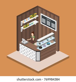Isometric 3D vector illustration design interior coffee shop, coffee shop with waitresses and cakes