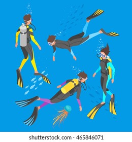 Isometric 3d vector illustration of divers.