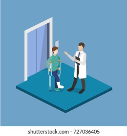 Isometric 3D vector illustration doctor talking to a patient with a broken leg