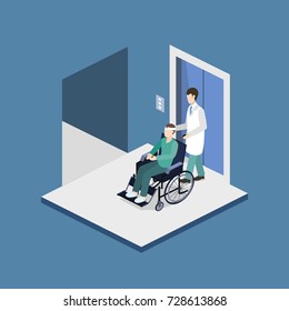 Isometric 3D vector illustration doctor with a patient on a wheelchair came out of the elevator