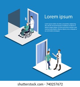 Isometric 3D vector illustration doctor with a patient on a wheelchair came out of the elevator