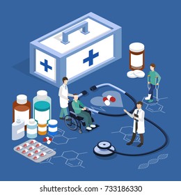 Isometric 3D vector illustration doctors take care of their patients. Set of medical items.