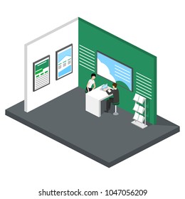 Isometric 3D vector illustration expo stand exhibition with people