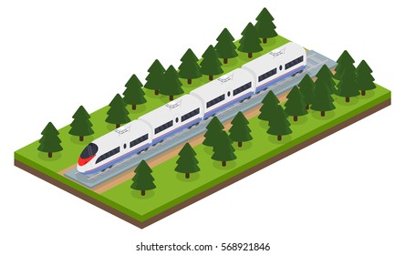 Isometric 3D vector illustration an express train on a railway track