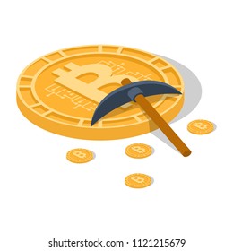 Isometric 3D vector illustration extraction of crypto currency. Coin of biktoin and pickax.