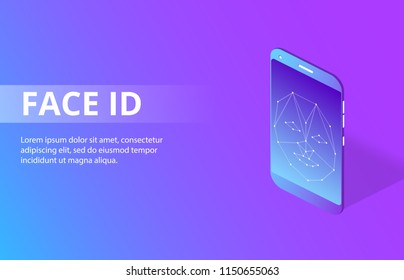 Isometric 3D vector illustration face detection or recognition with smartphone. Smart technologies