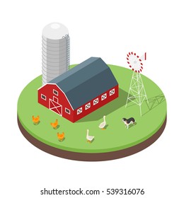 Isometric 3d vector illustration of farm. Animals and barn. Icon for web. Isolated on white background. 