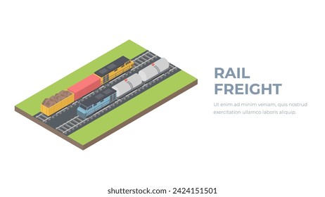 Isometric 3D vector illustration freight train on a railway track. Cargo train concept.
