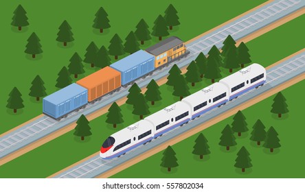 Isometric 3D Vector Illustration Freight Train And An Express Train On A Railway Track