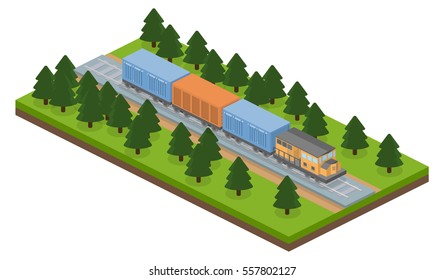 Isometric 3D Vector Illustration Freight Train On A Railway Track