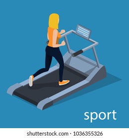 Isometric 3D vector illustration the girl is running on the treadmill