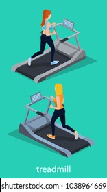 Isometric 3D Vector Illustration The Girl Is Running On The Treadmill