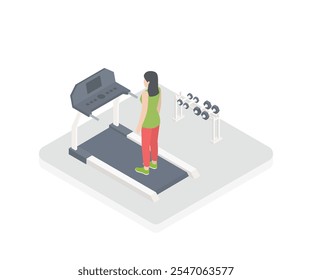 Isometric 3D vector illustration the girl or woman character in gym running on the treadmill. Sport and healthy lifestyle.