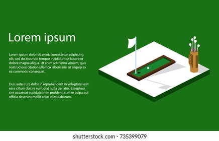 Isometric 3D vector illustration golf course with a ball and a golf bag