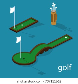 Isometric 3D vector illustration golf course with a ball and a golf bag