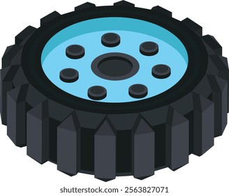 Isometric 3D vector illustration of a heavy-duty vehicle tire with a distinctive sky-blue rim.