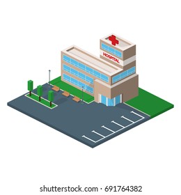 Isometric 3D vector illustration Hospital building and ambulance with parking spaces and park with benches