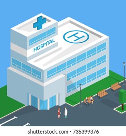 Isometric 3D vector illustration Hospital building and ambulance with parking spaces and park with benches