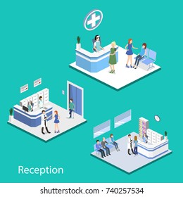 Isometric 3D vector illustration hospital reception with patients. Patients expect to see a doctor in the lobby